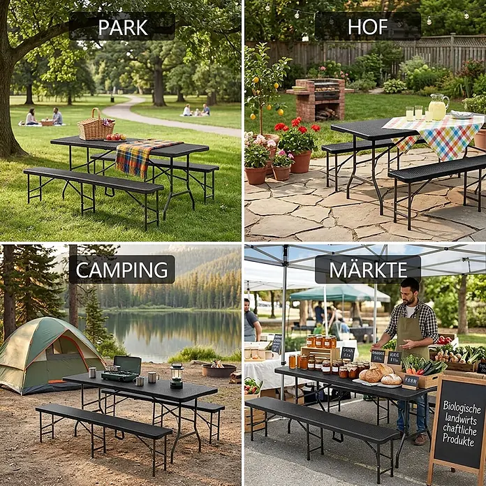 SONNENH Bierzeltgarnitur - 3 -tlg., Kunststoff, Klappbar, Schwarz - Schwarzer Klapptisch mit zwei Bänken, in verschiedenen Outdoor-Umgebungen wie Park, Garten, Camping und Märkten gezeigt.
