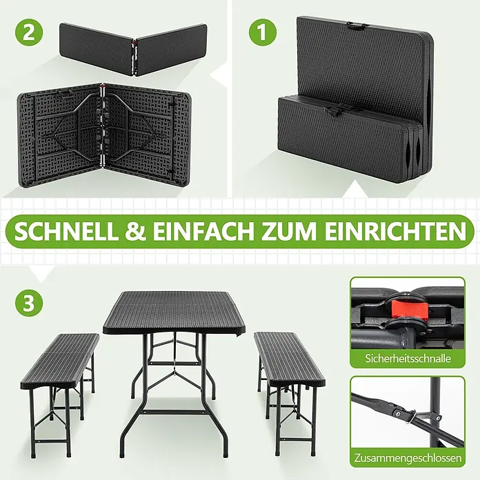 SONNENH Bierzeltgarnitur - 3 -tlg., Kunststoff, Klappbar, Schwarz - Schwarzer klappbarer Picknicktisch und zwei Bänke mit Rattanmuster, aufgebaut und kompakt zusammengeklappt, mit Sicherheitsschnallen.