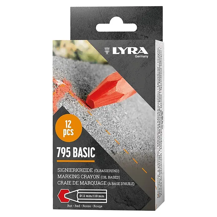Lyra Signierkreide - Rot, 12 Stk. - LYRA 795 BASIC rote, ölbasierte Markierkreide, 12 Stück, Packung zeigt Kreide auf grauem Untergrund.
