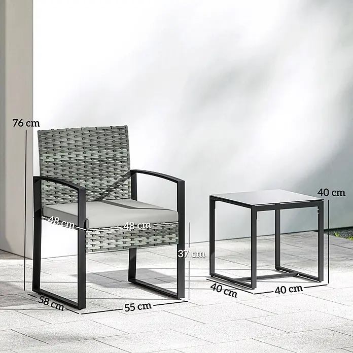 SONNENH Loungemöbel-Set, 3-teilig, Polyrattan, Hellgrau -  - Grauer Rattansessel mit hellgrauem Kissen und schwarzem Metallgestell, daneben ein schwarzer Beistelltisch mit heller Platte, Maße angegeben.