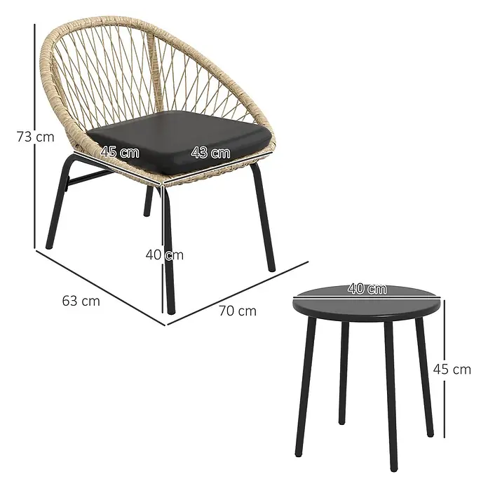 SONNENH Balkonmöbel-Set - 3 -tlg., Rattan, Gelb - Beiger Rattanstuhl mit schwarzem Kissen und schwarzer runder Beistelltisch, Maße angezeigt.