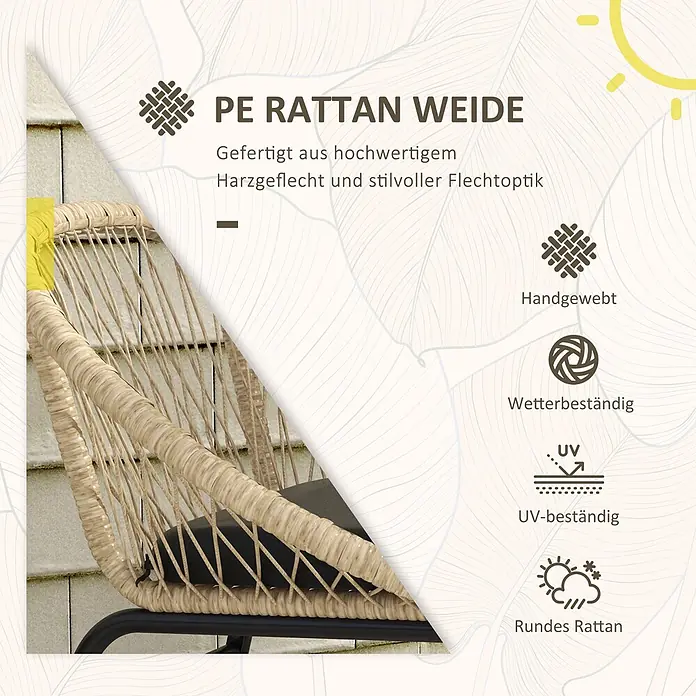 SONNENH Balkonmöbel-Set - 3 -tlg., Rattan, Gelb - Nahaufnahme eines hellbraunen PE-Rattansessels mit Text, der handgewebte, wetter- und UV-beständige Eigenschaften beschreibt.