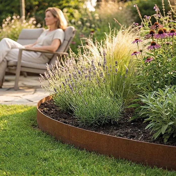 Bellissa Rasenkante Smoothedge - 500 x 15 cm, Rost, Metall - Gebogene Gartenbeeteinfassung aus rostigem Metall trennt Rasen von Blumenbeet mit Lavendel und Sonnenhut.
