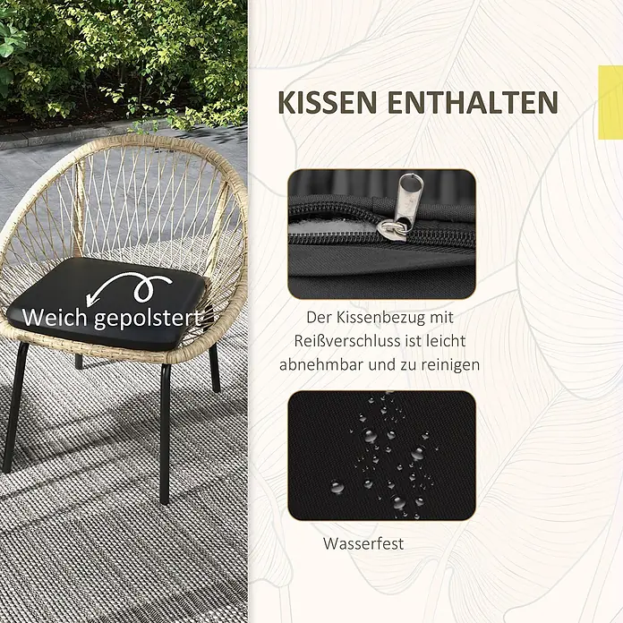 SONNENH Balkonmöbel-Set - 3 -tlg., Rattan, Gelb - Geflochtener Stuhl mit weich gepolstertem, wasserfestem schwarzem Kissen, dessen Bezug mit Reißverschluss abnehmbar und leicht zu reinigen ist.