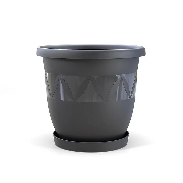Plastard Pflanztopf Ø 35 cm mit Untersetzer rund – Anthrazit – Pflanzkübel - 1 Stk., Außenmaß (Ø x H): 35 x 30 cm, Kunststoff, Anthrazit - Dunkelgrauer Blumentopf mit gemustertem Band und passendem Untersetzer.