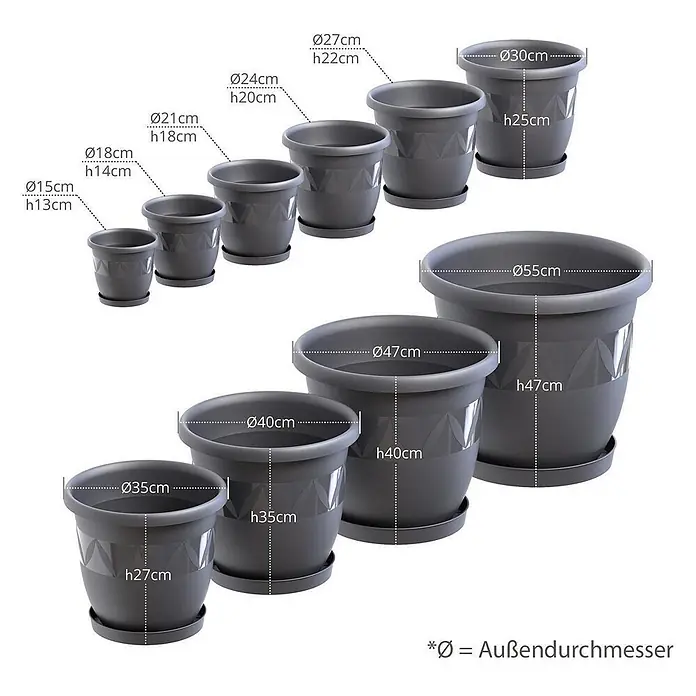 Plastard Pflanztopf 3er Set Ø40 cm mit Untersetzer Anthrazit – Pflanzkübel - 3 Stk., Außenmaß (Ø x H): 40 x 35 cm, Kunststoff, Anthrazit - Set grauer Kunststoff-Blumentöpfe in verschiedenen Größen, Maße von Ø15cm h13cm bis Ø55cm h47cm.