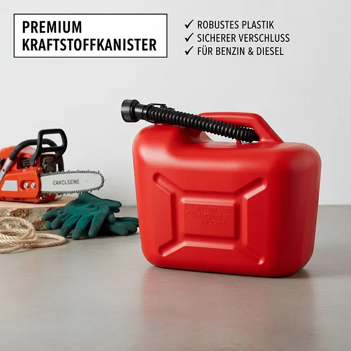 Plastard Benzinkanister für Rasenmäher 2er-Set (2 x 5 Liter) – UN-Zulassung für Benzin, Diesel, AdBlue & Wasser - 5 l, Kunststoff - Roter Kunststoff-Kraftstoffkanister mit flexiblem schwarzem Ausgießer, für Benzin und Diesel geeignet.