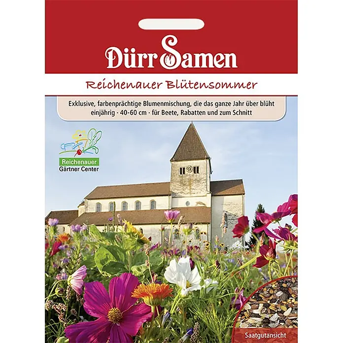 Dürr Samen Blumenmischung Reichenauer Blütensommer einjährig -  - Samentüte 'Dürr Samen Reichenauer Blütensommer' Blumenmischung. Zeigt bunte Blüten, eine Kirche und eine Nahaufnahme der Samen.