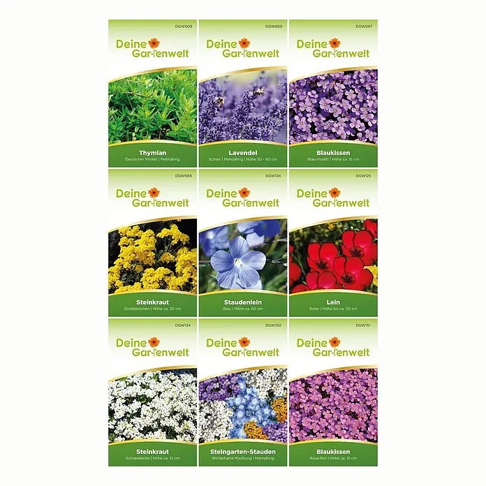 Deine Gartenwelt Steingartensamen-Set mit 9 Sorten -  - Ein Raster aus neun Pflanzenetiketten von 'Deine Gartenwelt', die verschiedene Blumen und Kräuter wie Thymian, Lavendel und Blaukissen zeigen.