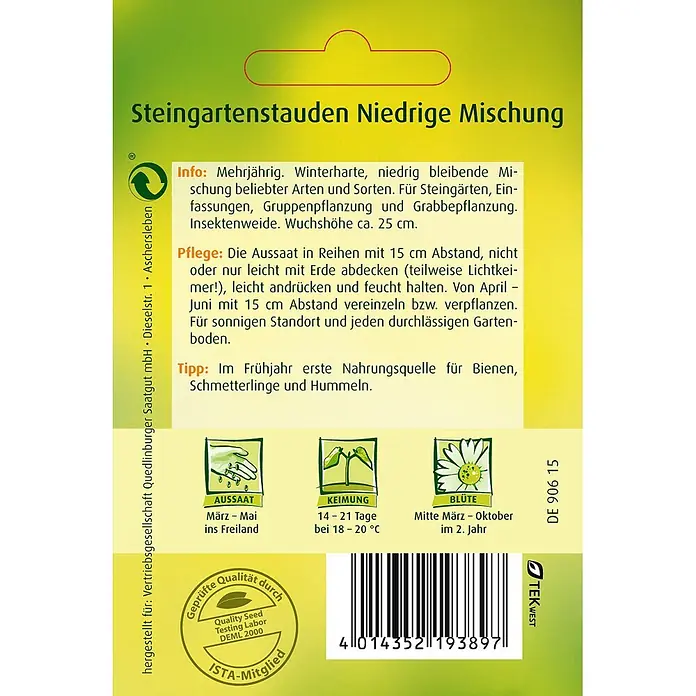 Quedlinburger SAATGUT Steingartenstauden Niedrige Mischung -  - Samentüte für niedrig wachsende Steingartenstauden, mit Aussaat- und Pflegeanleitung, Blütezeiten und Barcode.