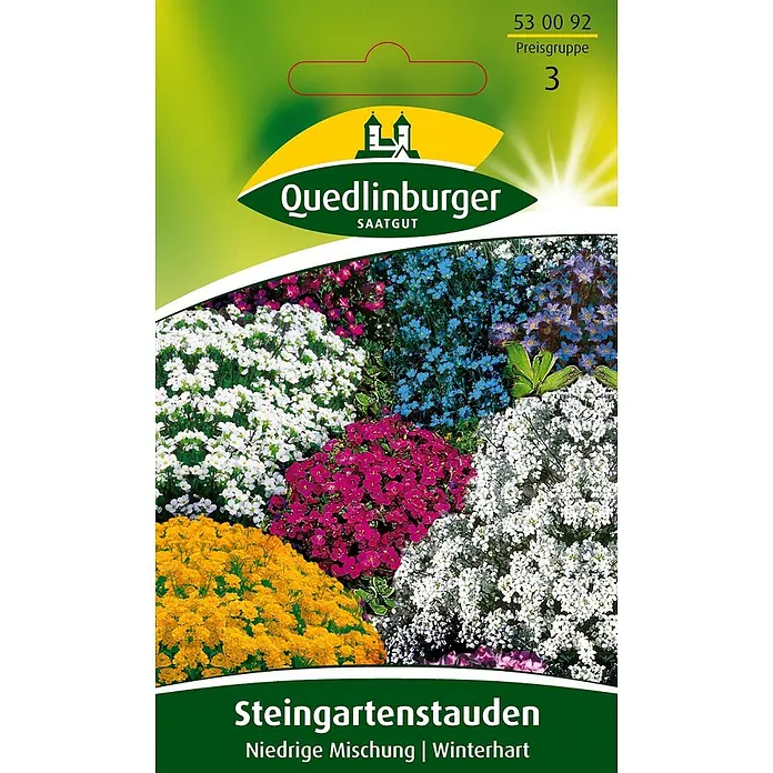 Quedlinburger SAATGUT Steingartenstauden Niedrige Mischung -  - Quedlinburger Samenpackung für Steingartenstauden. Zeigt eine bunte Mischung winterharter Blumen in Weiß, Magenta, Blau und Gelb.