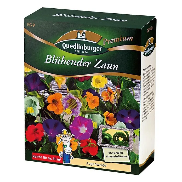 Quedlinburger SAATGUT Blumensamenmischung Mischung - Mischung, Mehrfarbig, 50 m² - Grüne Quedlinburger Premium „Blühender Zaun“ Samenbox mit Bild farbenfroher Kletterblumen.