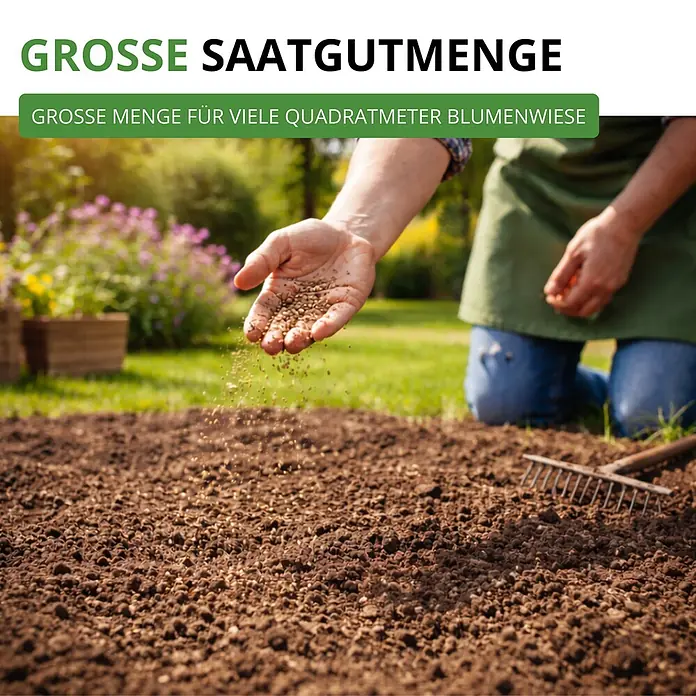 Deine Gartenwelt Wildblumensamen Mischung - 100 g, 100 m² - Person sät von Hand Samen für eine Blumenwiese auf vorbereiteten Boden aus. Zeigt eine große Menge Saatgut.