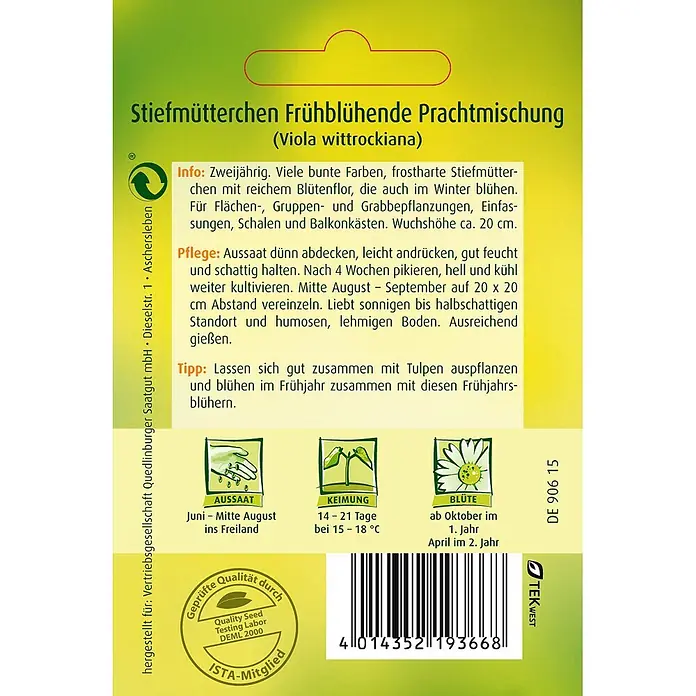 Quedlinburger SAATGUT Stiefmütterchen frühblühende Prachtmischung -  - Samenpäckchen für eine "Stiefmütterchen Frühblühende Prachtmischung", mit Pflanzanleitung, Qualitätssiegel und Barcode.