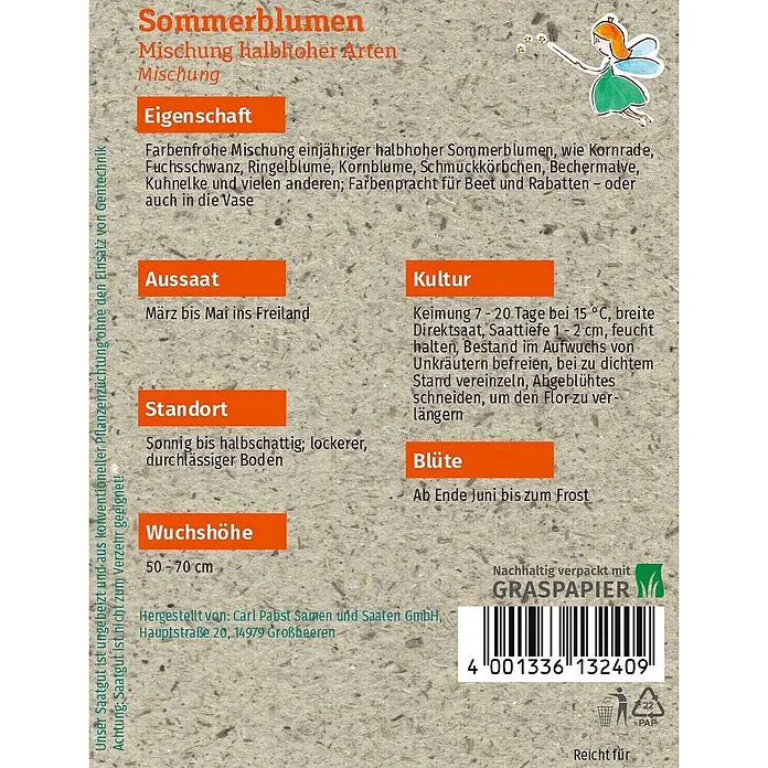 Grüne Fee Blumensamenmischung Mischung - Mischung, Mehrfarbig, 3 m² - Samenpäckchen für halbhohe Sommerblumen aus Graspapier mit Pflanzanleitung und Barcode.