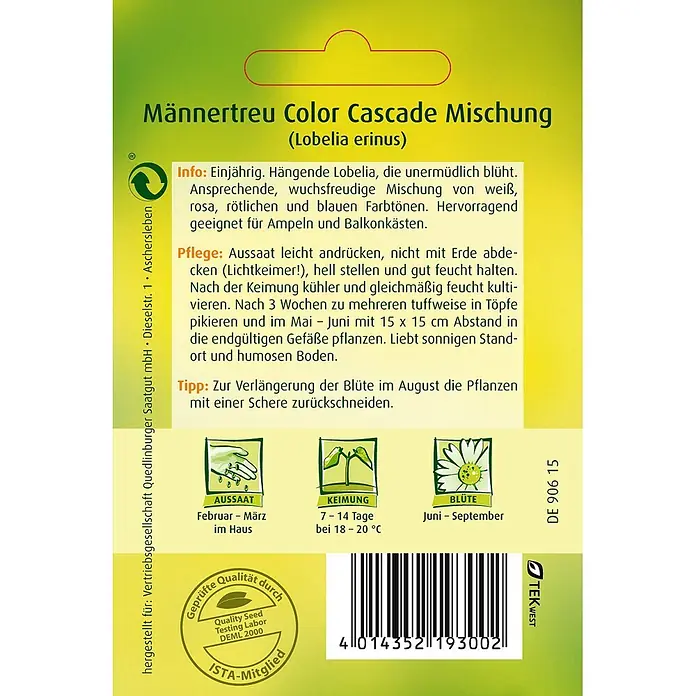 Quedlinburger SAATGUT Blumensamen Männertreu - Lobelia erinus L., Mehrfarbig - Saatgutpäckchen für Lobelia erinus 'Männertreu Color Cascade' mit Pflanzanleitung, Barcode und Gütesiegeln.