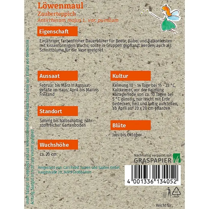 Grüne Fee Blumensamen Löwenmaul - Antirrhinum majus L. var. pumilum, Mix - Samenpackung für Löwenmaul aus hellbraunem Graspapier, mit Pflanzeninformationen und Barcode.