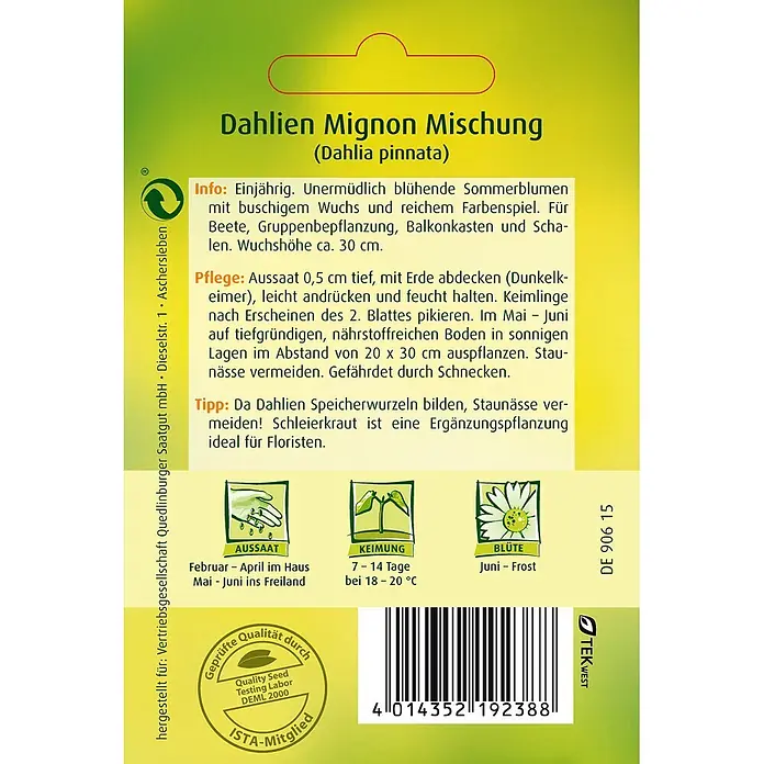 Quedlinburger SAATGUT Blumensamen Dahlie - Mischung, Mehrfarbig - Samentüte für Dahlien Mignon Mischung mit Pflanzanleitung, Barcode und Zertifizierungen.