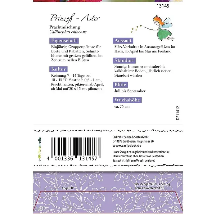 Grüne Fee Blumensamen Aster - Callistephus chinensis (L.) Nees, Mehrfarbig - Lila-pinke Samenpackung für "Prinzess-Aster" (Callistephus chinensis) mit Anbaudetails und Barcode.