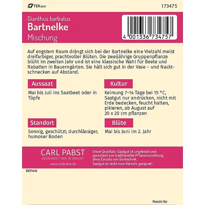 Pabst Keimkraft Blumensamen Bartnelke - Dianthus barbatus, Mehrfarbig - Samentütenetikett für Bartnelke Mischung (Dianthus barbatus) mit pinken und weißen Feldern, Text und Barcode.