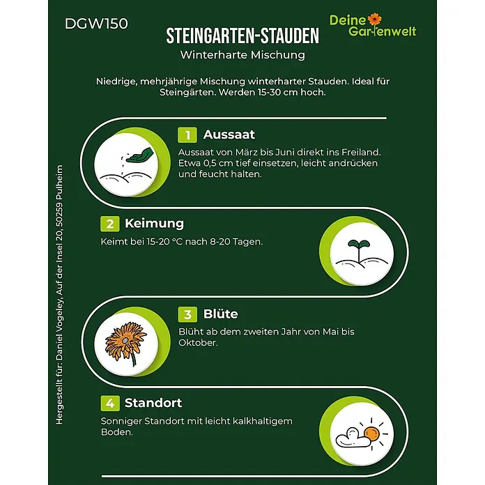 Deine Gartenwelt Blumenmischung Steingarten winterharte Stauden -  - Detailliertes Informationsetikett für 'Steingarten-Stauden Winterharte Mischung' Samen, mit Anweisungen zu Aussaat, Keimung, Blüte und Standort.