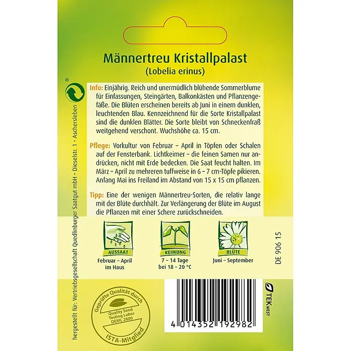 Quedlinburger SAATGUT Männertreu Kristallpalast -  - Samenpäckchen für Männertreu Kristallpalast (Lobelia erinus) mit Anbauinformationen, Aussaat- und Blütezeiten.