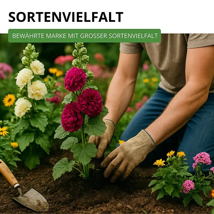 Deine Gartenwelt Stockrosen Prachtmischung -  - Eine Person mit Gartenhandschuhen pflanzt eine pinke Blume in einem üppigen Garten. Eine kleine Schaufel liegt daneben.
