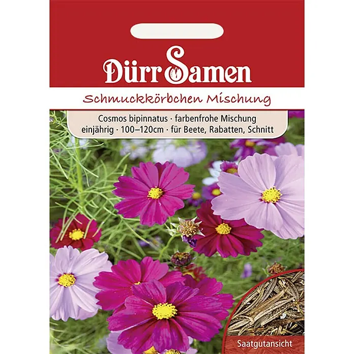 Dürr Samen Blumensamen Cosmea - Cosmos bipinnatus, Mehrfarbig - Samentüte "Dürr Samen Schmuckkörbchen Mischung" mit farbenfrohen Cosmos-Blüten und einer Saatgutansicht.