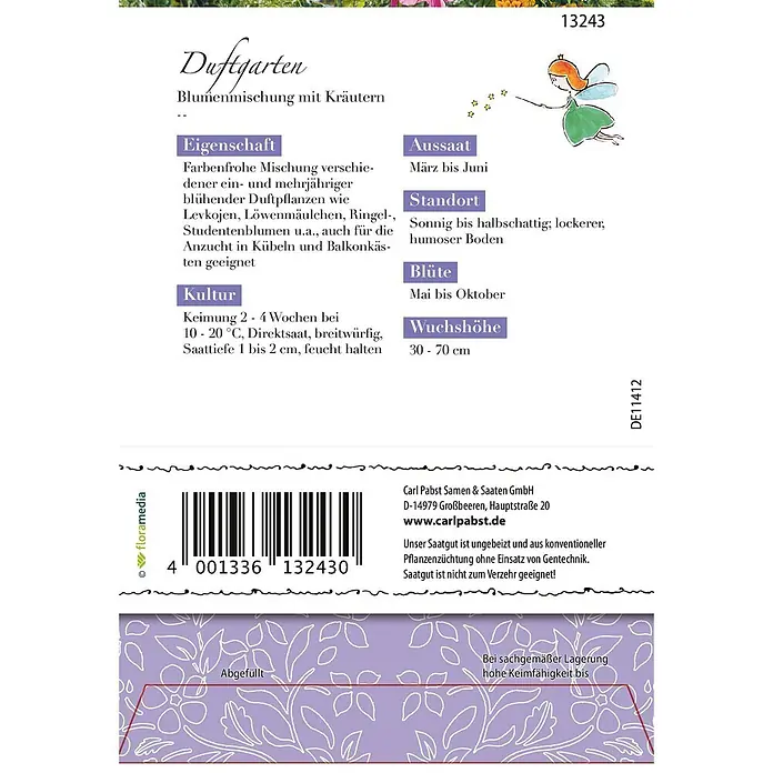 Grüne Fee Blumensamenmischung Mischung - Mischung, Mehrfarbig, 10 m² - Samenpäckchen "Duftgarten Blumenmischung mit Kräutern" mit deutscher Pflanzanleitung, Barcode und einer kleinen Feenillustration.