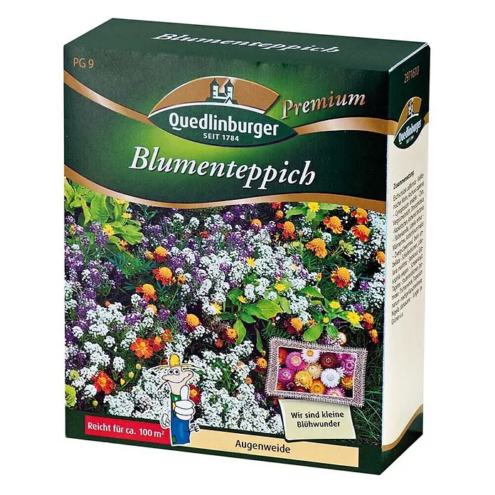 Quedlinburger SAATGUT Blumensamenmischung Mischung - Mischung, Mehrfarbig, 100 m² - Grüne Quedlinburger Premium Blumenteppich-Samenbox mit bunter Blumenwiese und Kapazitätsangabe für ca. 100 m².