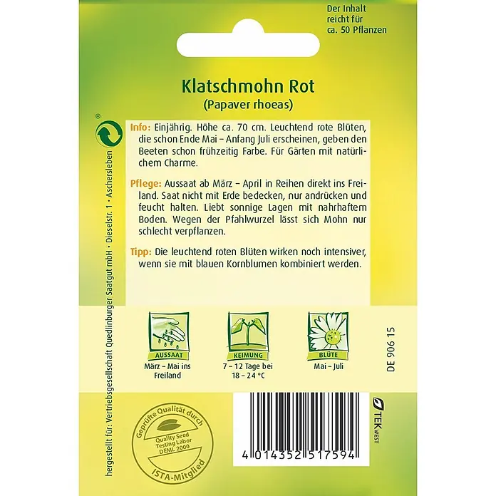 Quedlinburger SAATGUT Blumensamen Mohn - Papaver rhoeas, Rot - Roter Klatschmohn (Papaver rhoeas) Samentüte mit Anbauinformationen, Barcode und Zertifizierungen. Ergibt ca. 50 Pflanzen.
