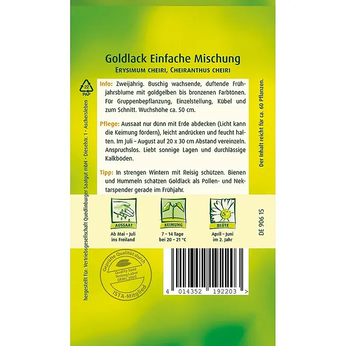 Quedlinburger SAATGUT Goldlack -  - Gelb-grüne Samentüte für „Goldlack Einfache Mischung“ mit Pflanzanleitung und Barcode.