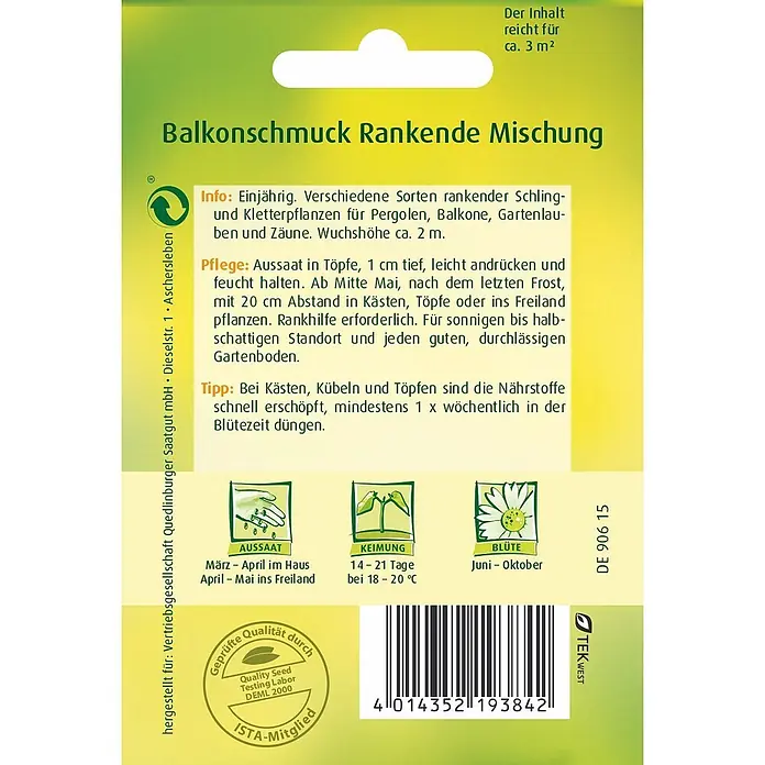 Quedlinburger SAATGUT Blumensamenmischung Mischung - Mischung, Mehrfarbig, 3 m² - Grün-gelbe Samentüte 'Balkonschmuck Rankende Mischung' mit Pflanzanleitung und Barcode.