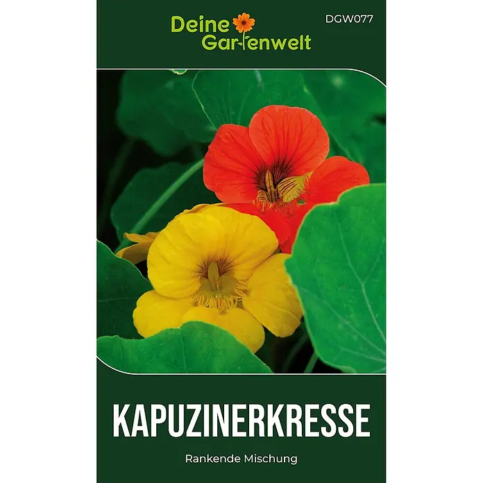 Deine Gartenwelt Kapuzinerkresse Rankende Mischung -  - Samentüte Kapuzinerkresse mit roten und gelben Blüten, beschriftet „KAPUZINERKRESSE – Rankende Mischung“.