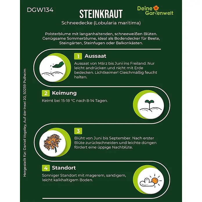 Deine Gartenwelt Blumensamen Steinkraut - Lobularia maritima, Weiß - Grüne Info-Karte zu Steinkraut (Lobularia maritima) mit Anweisungen zu Aussaat, Keimung, Blüte und Standort.
