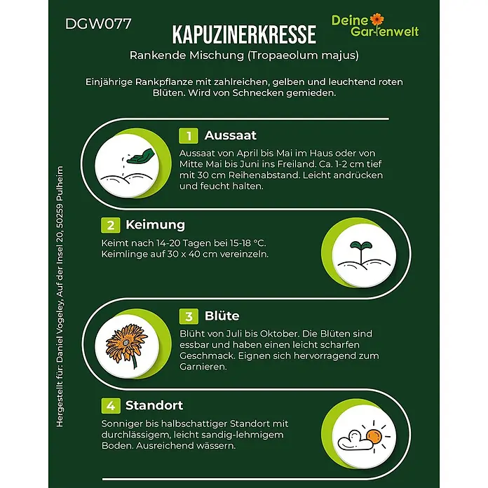 Deine Gartenwelt Kapuzinerkresse Rankende Mischung -  - Grünes Samenpäckchen-Etikett für Kapuzinerkresse mit Aussaat-, Keimungs-, Blüte- und Standortanweisungen. Zeigt Pflanzenillustrationen.