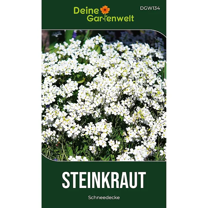 Deine Gartenwelt Blumensamen Steinkraut - Lobularia maritima, Weiß - Samenpäckchen für Steinkraut 'Schneedecke' mit Bild weißer Blüten und grüner Markenaufschrift.