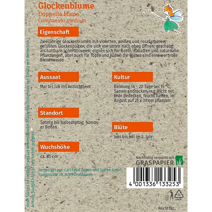 Grüne Fee Glockenblume Doppelte Marie -  - Samenpäckchen für Glockenblume Doppelte Marie mit Pflanzanleitung und Barcode auf Graspapier.