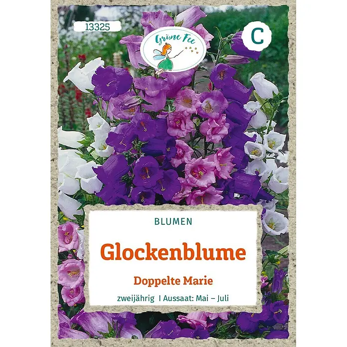 Grüne Fee Glockenblume Doppelte Marie -  - Samentüte 'Glockenblume Doppelte Marie' mit lila, rosa und weißen Blüten.