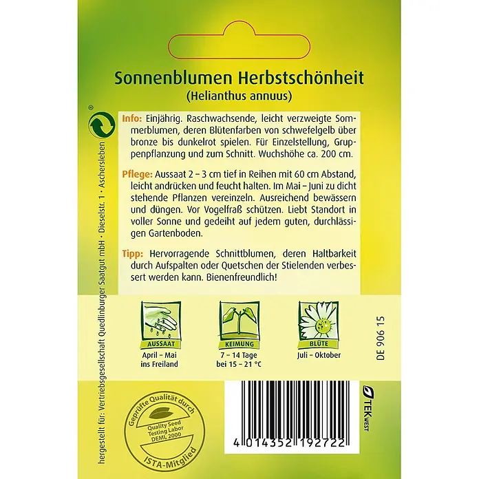 Quedlinburger SAATGUT Blumensamen Sonnenblume - Helianthus annuus, Mehrfarbig - Sonnenblumen-Samentüte 'Herbstschönheit' mit Pflanzanleitung und Barcode.