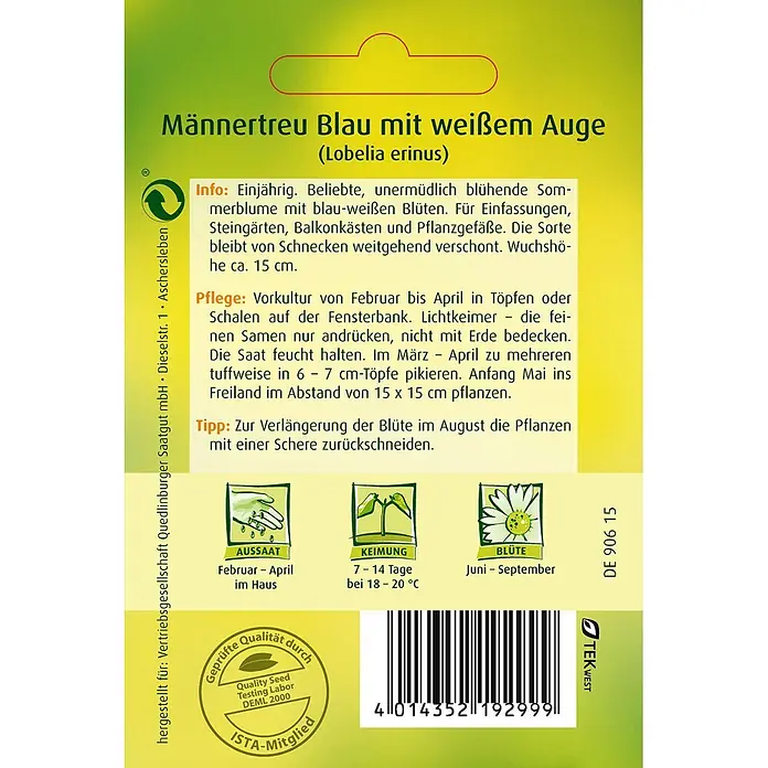 Quedlinburger SAATGUT Männertreu Blau mit weißem Auge -  - Samenpackung für Lobelia erinus 'Männertreu Blau', grün-gelbes Design, Anleitungen, Icons und Barcode.