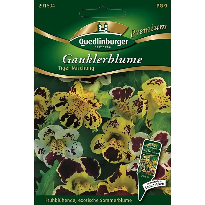 Quedlinburger SAATGUT Gauklerblumen Tiger Mischung -  - Quedlinburger Gauklerblume Tiger Mischung Samenpäckchen. Grün-goldenes Premium-Design mit gelb-rot gefleckten Blüten und Pflanzenstecker.