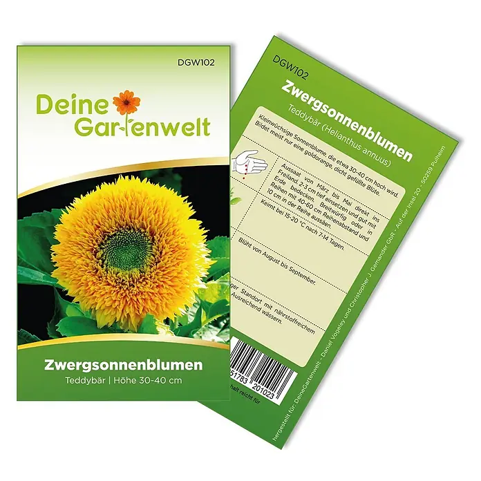 Deine Gartenwelt Zwergsonnenblume Teddybär -  - Samenpäckchen für Zwergsonnenblumen 'Teddybär' mit gelbem Sonnenblumenbild und grünem Text.