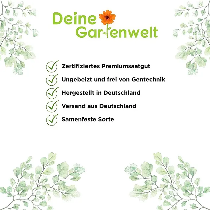 Deine Gartenwelt Blumensamen Mohn - Papaver orientale, Rot - Logo "Deine Gartenwelt" mit oranger Blume und einer Checkliste mit 5 Saatgutvorteilen: zertifiziert, gentechnikfrei, Made in Germany.