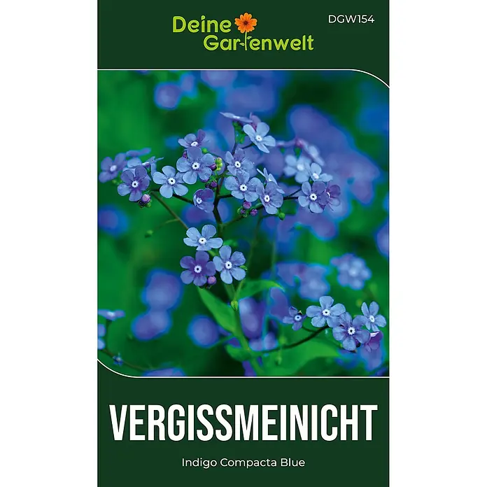 Deine Gartenwelt Vergissmeinnicht Indigo Compacta Blue -  - Dunkelgrüne Samenpackung für blaue Vergissmeinnicht-Blumen, beschriftet mit 'Indigo Compacta Blue'.