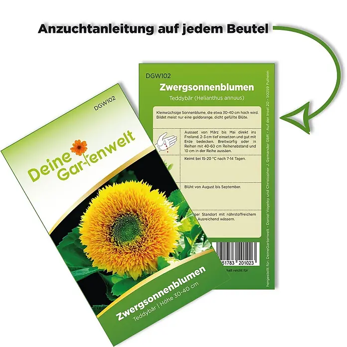 Deine Gartenwelt Zwergsonnenblume Teddybär -  - Samenpäckchen für Zwergsonnenblumen 'Teddybär' mit Pflanzanleitung und gelber Blütenillustration.
