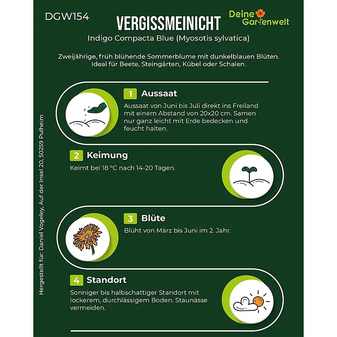 Deine Gartenwelt Vergissmeinnicht Indigo Compacta Blue -  - Pflanzanleitung für Vergissmeinnicht 'Indigo Compacta Blue' (Myosotis sylvatica) mit Details zu Aussaat, Keimung, Blüte und Standort.