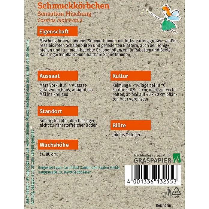 Grüne Fee Schmuckkörbchen Sensation Mischung -  - Samentüte für Schmuckkörbchen (Cosmos bipinnatus) Sensation Mischung mit Anbauinfos, Barcode und Recycling-Symbol.