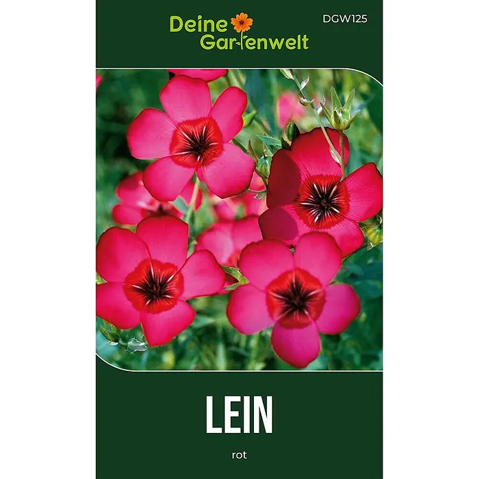 Deine Gartenwelt Lein rot -  - Grünes Samenpäckchen für roten Lein, mit leuchtend roten Blumen und Text "LEIN rot".