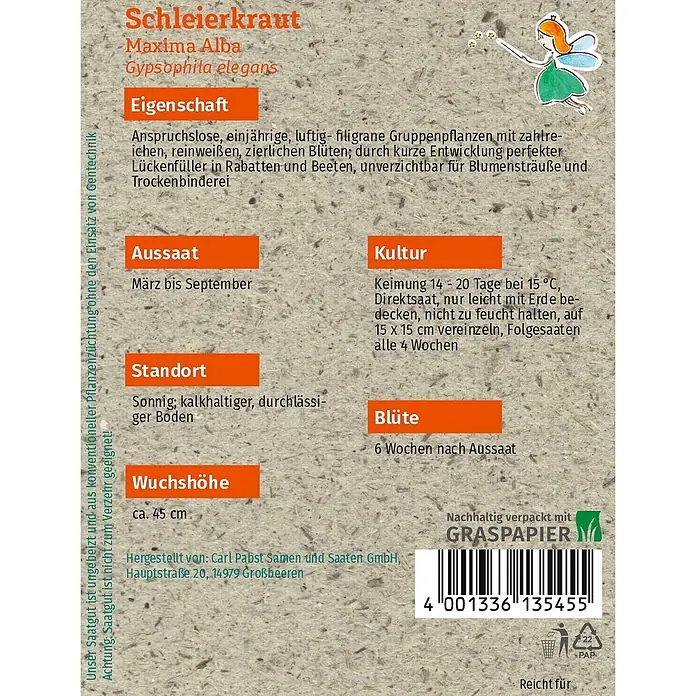 Grüne Fee Blumensamen Schleierkraut - Gypsophila elegans M. Bieb., Weiß - Graspapier-Samenpäckchen für Schleierkraut mit Produktinformationen.